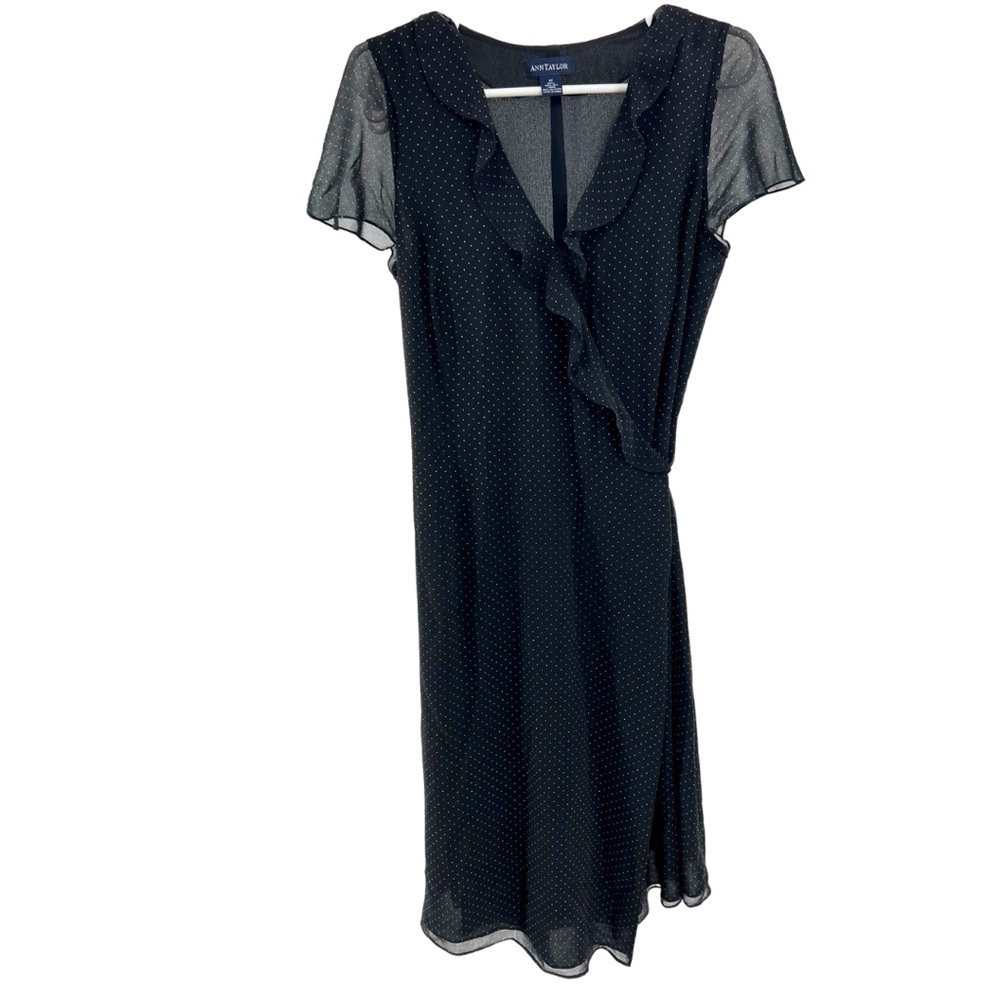 Ann Taylor 100% silk 12 wrap dress lined ruffle flutter sleeve polka dot